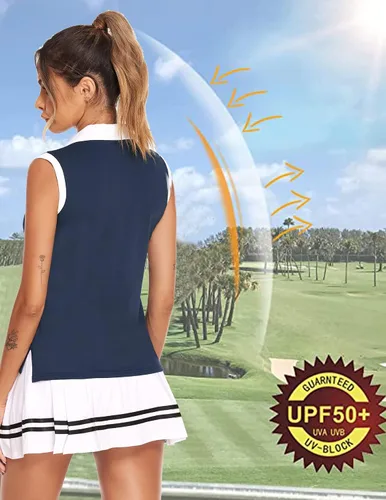 Vista 3 de HOTLOOX Camiseta polo de golf sin mangas para mujer, verano 2024, UPF 50+, cremallera, cuello en V, camiseta sin mangas S-XXL