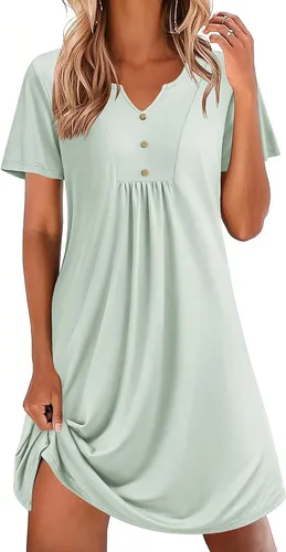 Vista 15 de Ekouaer Camisones para mujer de algodón Vestidos de noche Plisados Camisones Henley Cuello en V Camisas de dormir de manga corta Ropa de dormir