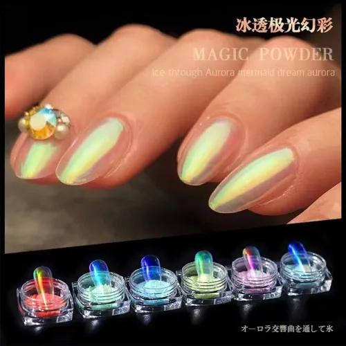 Vista 2 de Polvo cromado de sirena blanca con purpurina para uñas, 7 colores iridiscentes Aurora cromados, polvo de neón, pigmento de espejo holográfico, arco
