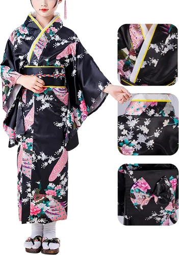 Vista 2 de Vestido kimono japonés para niñas, disfraz de anime, cosplay, Halloween, bata elegante Negro