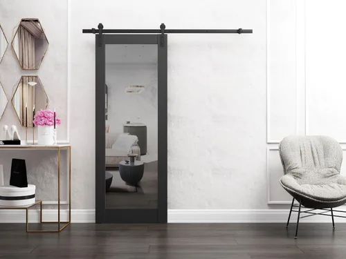 Vista 2 de SARTODOORS Puerta de granero resistente de 18 x 80 pulgadas Lucia 1299 negro mate con espejo Juego de perchas de riel de 6.6 pies Puertas