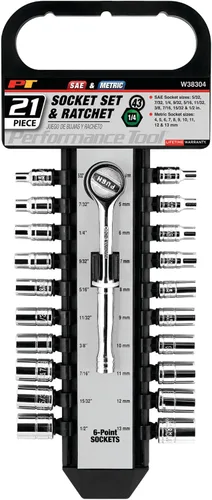 Vista 2 de Performance Tool W38304 Juego de zócalos de 6 puntos SAE y métrico de 21 piezas de 1/4 pulgadas con trinquete Automotive mechanics tool kit.