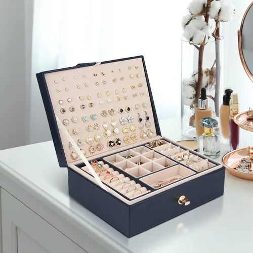 Vista 7 de YONZONE Joyero para mujeres y niñas, organizador de joyas grande para anillos, aretes, collares, pulseras, estuche organizador de joyería de piel