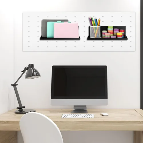 Vista 5 de Therwen Paquete de 4 estantes magnéticos para tablero de clavijas, organizador de pared, estante de metal con bandeja de acero, accesorios