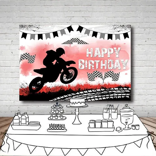 Vista 4 de MEHOFOND Telón de fondo de feliz cumpleaños, decoración de fiesta de motocross, telón de fondo de pista de neumáticos de motocicleta, suministros