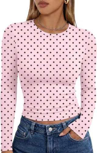 Vista 27 de Trendy Queen Camisetas de manga larga para mujer, camisetas básicas de Verde militar