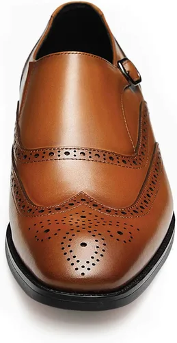 Vista 3 de FRASOICUS Zapatos de vestir para hombre, de cuero genuino, correa de monje, zapatos formales con punta de ala, mocasín sin cordones