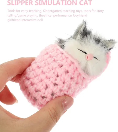 Vista 6 de Ciieeo - Muñeca de gato dormido en pantufla, mini gatito en zapato con sonidos de maullidos, juguete de mano para niños y niñas, decoración