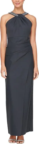 Vista 5 de Alex Evenings - Vestido largo adelgazante para mujer con falda lateral fruncida y volante en cascada Negro