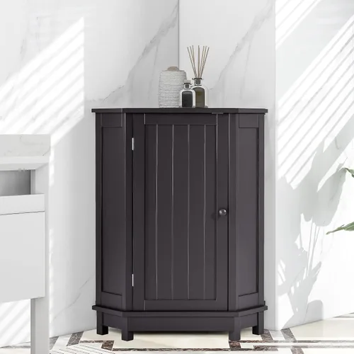 Vista 3 de PULLAFUN Gabinete de baño Armario de almacenamiento de esquina triangular con estante ajustable Tablero MDF de estilo moderno, negro y marrón