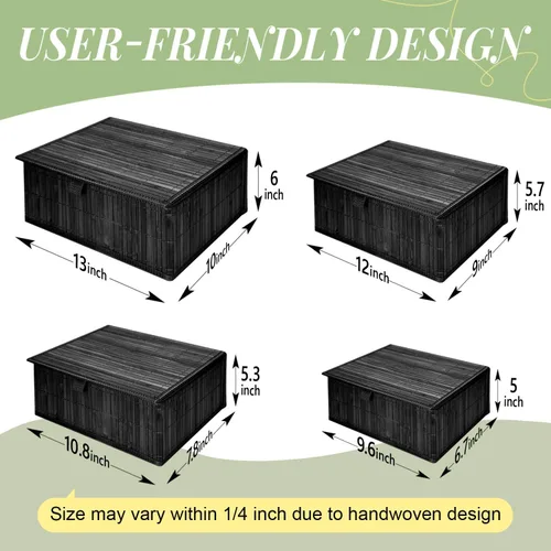 Vista 6 de Cesta de mimbre con tapa, caja de almacenamiento de bambú para estantes, cajas de almacenamiento de bambú con tapas, cesta decorativa rectangular
