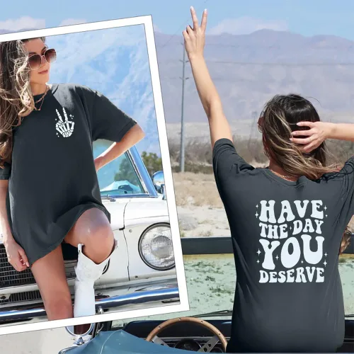 Vista 3 de ASTANFY Camisetas de gran tamaño para mujer camiseta con texto en inglés "Have the Day You Merere", divertidas camisas de esqueleto informales