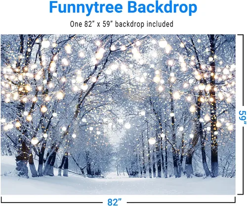 Vista 4 de Funnytree Fondo de fotografía de paisaje de invierno de 7 x 5 pies, diseño de copo de nieve, bokeh, con purpurina, bosque, nieve blanca, Navidad