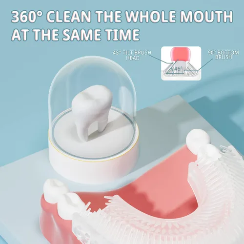 Vista 8 de Cepillo de dientes eléctrico en forma de U para niños, dinosaurio sónico, de boca completa, con 4 cabezales de cepillo suave, automático, 6 modos