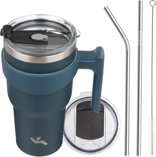Vista 26 de Konokyo - Vaso de 10 onzas con asa y 2 popotes, 2 tapas, botella de agua aislada de acero inoxidable, taza de viaje reutilizable, color verde militar
