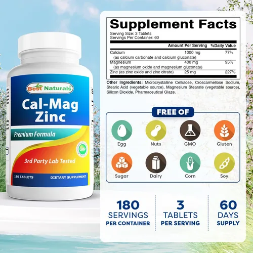 Vista 2 de Best Naturals - 2 paquetes – Calcio y magnesio y zinc – 180 tabletas – Complejo mineral de zinc esencial Cal Mag (total de 360 tabletas)