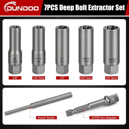 Vista 2 de Kit de 7 piezas extractor de pernos, juego extractor de pernos dañados, juego Easy Out largo y profundo, herramienta de dado para tuercas de rueda