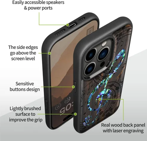 Vista 6 de Carveit Funda magnética protectora de madera de diseñador para iPhone 14 Pro Max [grabado en madera e incrustaciones de carcasa] Funda de madera