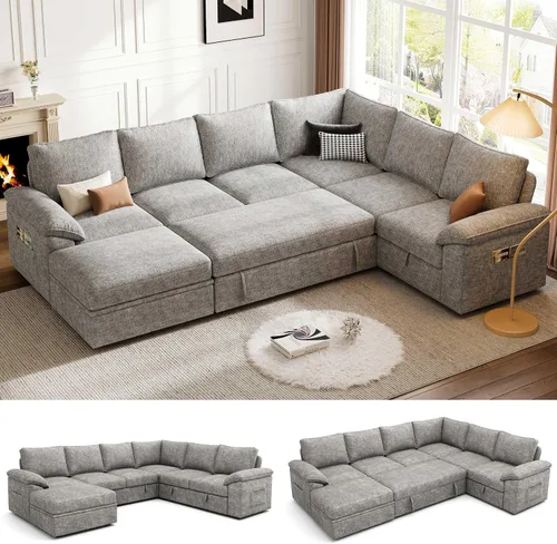 Vista 25 de Sofá Seccional Modular de 85 Pulgadas con Cama Extraíble, Sofá Cama Seccional en Forma de L de 5 Asientos con Almacenamiento, Sofás Seccionales