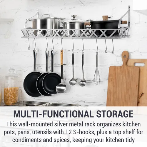 Vista 4 de MyGift Estante para ollas y sartenes de cocina de metal plateado montado en la pared con 12 ganchos en S extraíbles, almacenamiento de utensilios