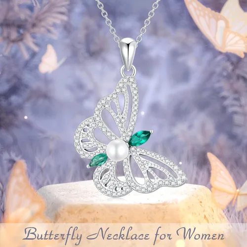 Vista 3 de Zoeniya Collares de mariposa para mujeres y niñas, joyería de plata de ley, collar de perlas cultivadas de agua dulce con circonita cúbica, regalo