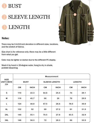 Vista 7 de Comdecevis Camisa de pana para hombre, manga larga, acanalada, con botones y bolsillo en el pecho