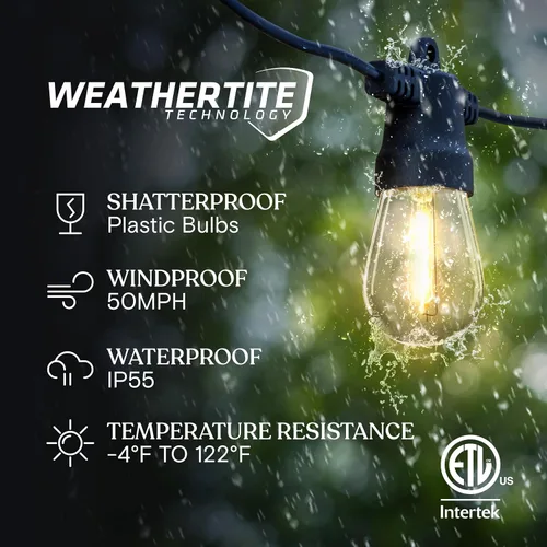 Vista 2 de Brightech Ambience Pro - Guirnalda de luces LED impermeables para exteriores con energía solar – Luces de patio de grado comercial con bombillas