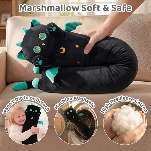 Vista 8 de Mewaii Peluche de gato largo, 5 tamaños, 120% relleno extra, almohada gigante para el cuerpo de los niños, lindo peluche Kawaii de ojos grandes