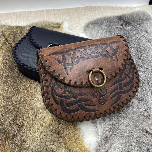 Vista 5 de HiiFeuer Viking Bolsa de cinturón en relieve, mochila lateral de piel sintética medieval vintage, bolsa de cinturón portátil para la edad media
