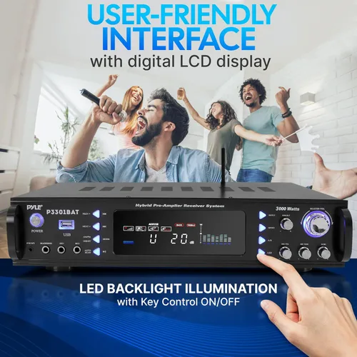 Vista 5 de Pyle Amplificador estéreo Bluetooth, montaje en rack, potencia máxima de 3000 W, karaoke fácil con micrófonos duales, salida de subwoofer, salida