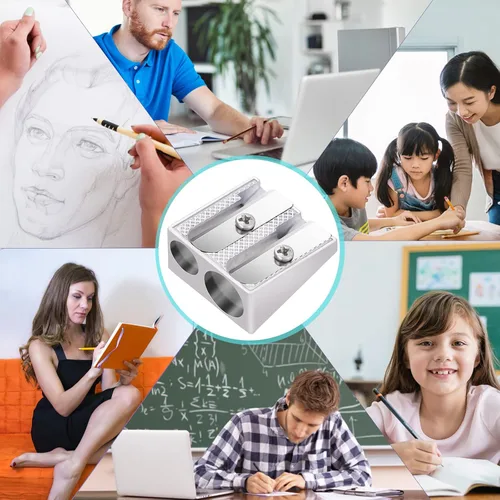 Vista 7 de cobee 10 sacapuntas, sacapuntas de metal de mano con agujeros dobles, mini afilador de lápices para niños, lápices afiladores para adultos y niños