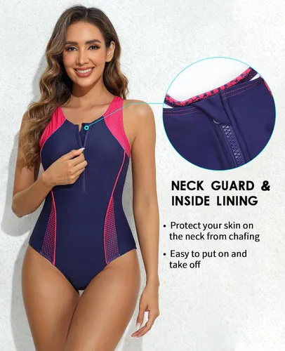 Vista 2 de beautyin Traje de baño de una pieza con cremallera frontal para mujer, traje de baño atlético con espalda cruzada