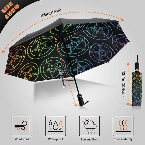Vista 3 de UV Blocking Automatic Open Umbrella Baphomet-satanic-goat-gay-rainbow Portable Travel Folding Umbrellas with Cover Bag