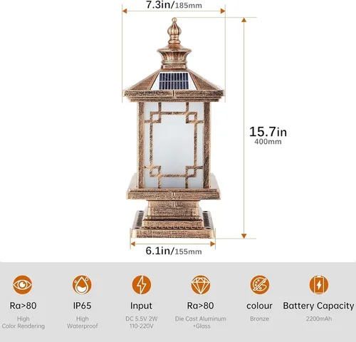 Vista 5 de Luz LED Solar para Poste Exterior, Lámpara de Tapa de Poste de Cerca de Aluminio con Control Remoto Regulable, Luces de Pilar Solares IP65