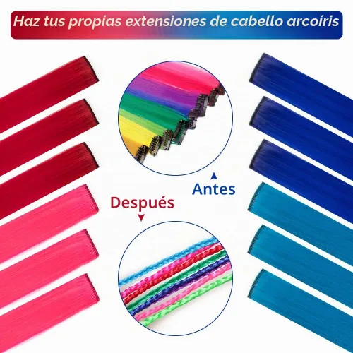 Vista 3 de 20 extensiones de cabello con clip de colores para niñas, extensiones de cabello arcoíris multicolor de 20 pulgadas, reflejos instantáneos, piezas A