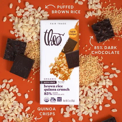 Vista 4 de Theo Organic Fairtrade Black Rice Quinoa Crunch 85% Dark Chocolate Bar, Vegan, 3-oz (Pack de 6)