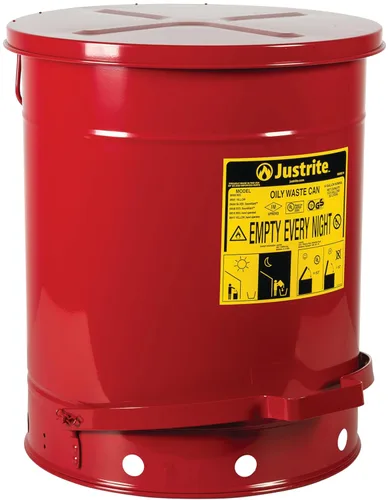 Vista 26 de Justrite Recipiente para desechos aceitosos de acero galvanizado de 10 galones, recipiente de seguridad metálico para trapos con aceite de 18 x 14