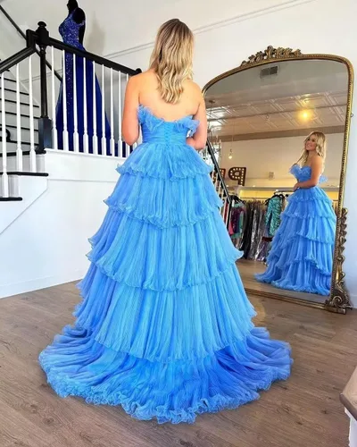 Vista 2 de TIRAS Vestidos de fiesta sin tirantes con volantes largos y escalonados de tul vestido de baile de princesa formal vestidos de noche para mujeres
