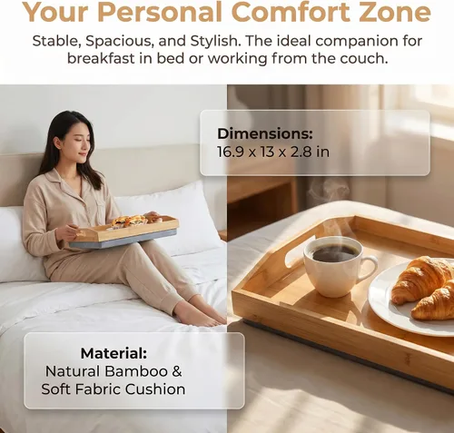Vista 5 de Cedilis Bandeja de regazo de bambú con almohada desmontable, bandeja de servir de 16.9 x 13 pulgadas con asas para comer en la cama