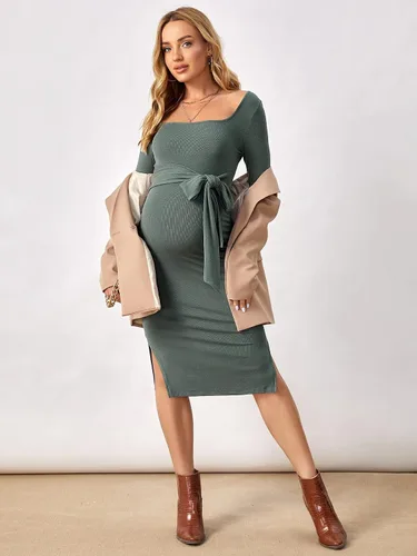 Vista 5 de OYOANGLE Vestido midi ajustado de manga larga con nudo frontal y cuello cuadrado para mujer