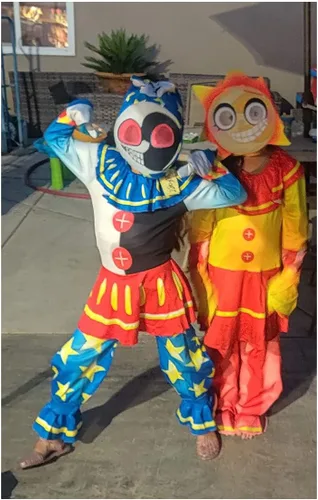 Vista 2 de Disfraz de payaso del sol para niños, conjunto de overol de Halloween para cosplay de 6 a 10 años