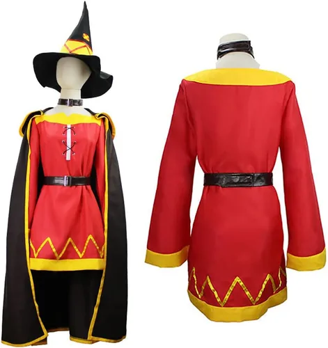 Vista 3 de Smehei Disfraz de cosplay de Megumin Konosuba, traje de megumin, vestido rojo, uniforme completo con sombrero para mujer