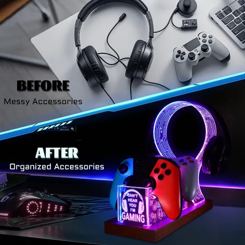 Vista 4 de YuanDian Gamer Gifts for Teenage Boy, Can't Hear You I'm Gaming Headset and Controller Stand, Acrylic Wooden Controller Holder with Blue Pink LED