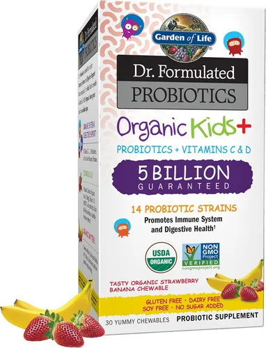 Vista 10 de Garden of Life Probióticos formulados por doctores para niños, Organic Kids+ - Berry Cherry, 5 mil millones de UFC masticables de probióticos más