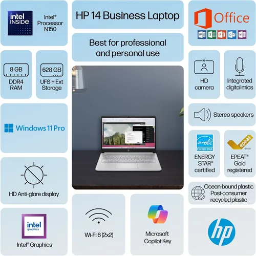 Vista 3 de HP Ultrabook 14 Laptop Computer para negocios y estudio en el hogar 2025, MS Office de por vida + Windows 11 Pro, CPU Intel Quad-Core, 8 GB RAM