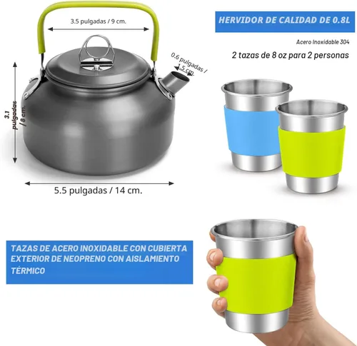 Vista 2 de Odoland 15pcs Camping Cookware Mess Kit, Lightweight Pot Pan Kettle Set Anodized aluminum, for hiking, outdoor cooking and picnic, 1.9L pot 0.8L