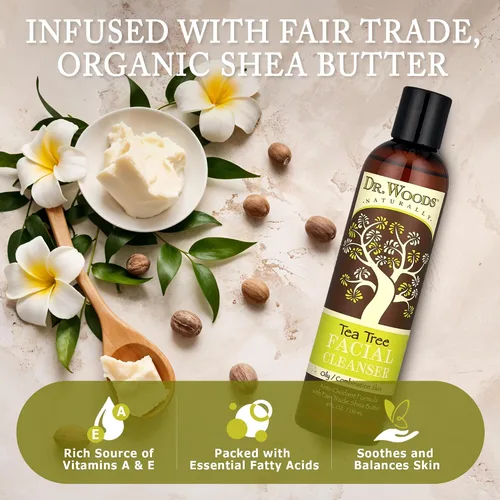 Vista 5 de Dr. Woods Limpiador facial líquido de árbol de té, fabricado con manteca de karité orgánica, aceite de árbol de té natural para hombres y mujeres