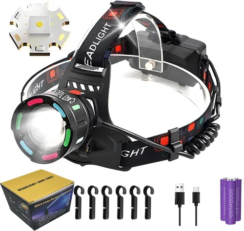 Vista 9 de Linterna frontal recargable 150000LM lámpara de cabeza brillante, 40H Cable Tipo-C linterna frontal ajustable para exteriores, 4 modos de luces