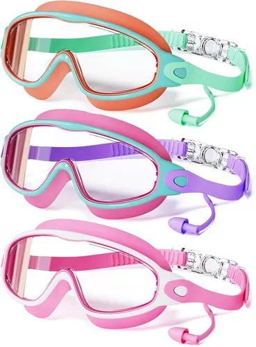 Vista 18 de Paquete de 3 gafas de natación para niños, con tapones para los oídos, marco grande, antivaho, UV, visión amplia, para niños y niñas de 4 a 12 años
