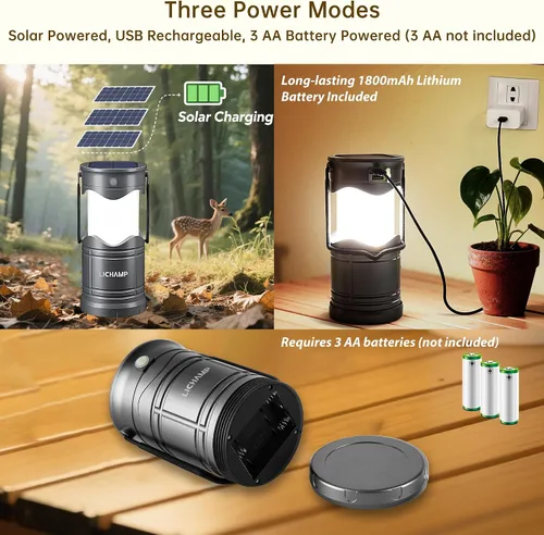 Vista 2 de Lichamp 1 paquete de linterna de camping solar, linternas LED recargables por USB, lámparas de batería con tres modos de alimentación para cortes